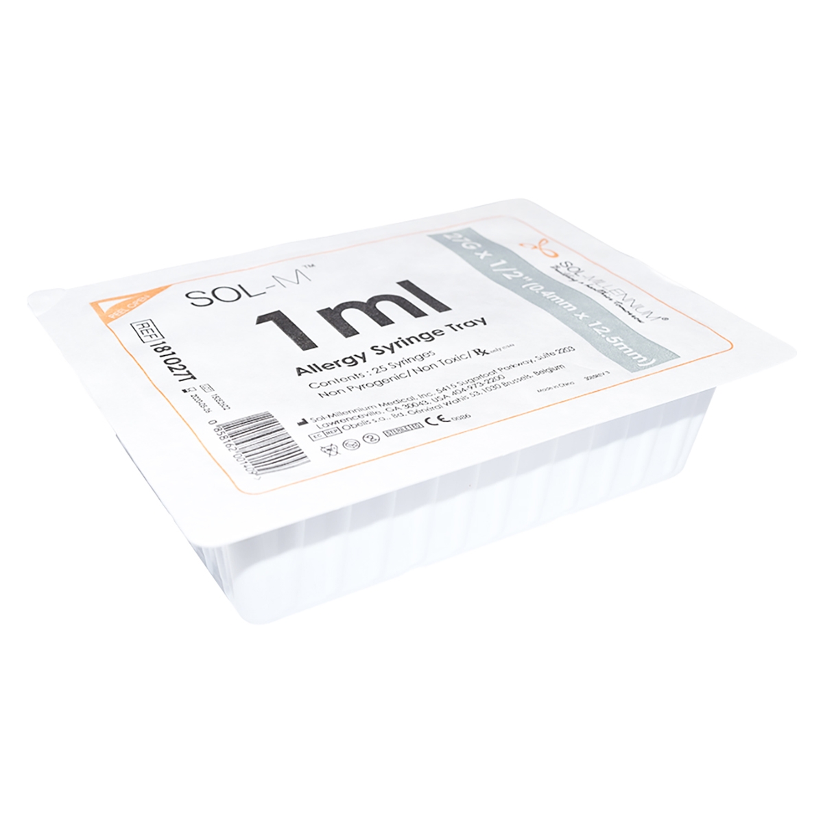 Syringe Standard Allergy Tray Sol-M™ 1 mL 1/2 Inch 27 Gauge NonSafety Regular Wall (25/TR 40TR/CS) by Sol-Millennium Medical Inc Inviro Medical  ID 181027T